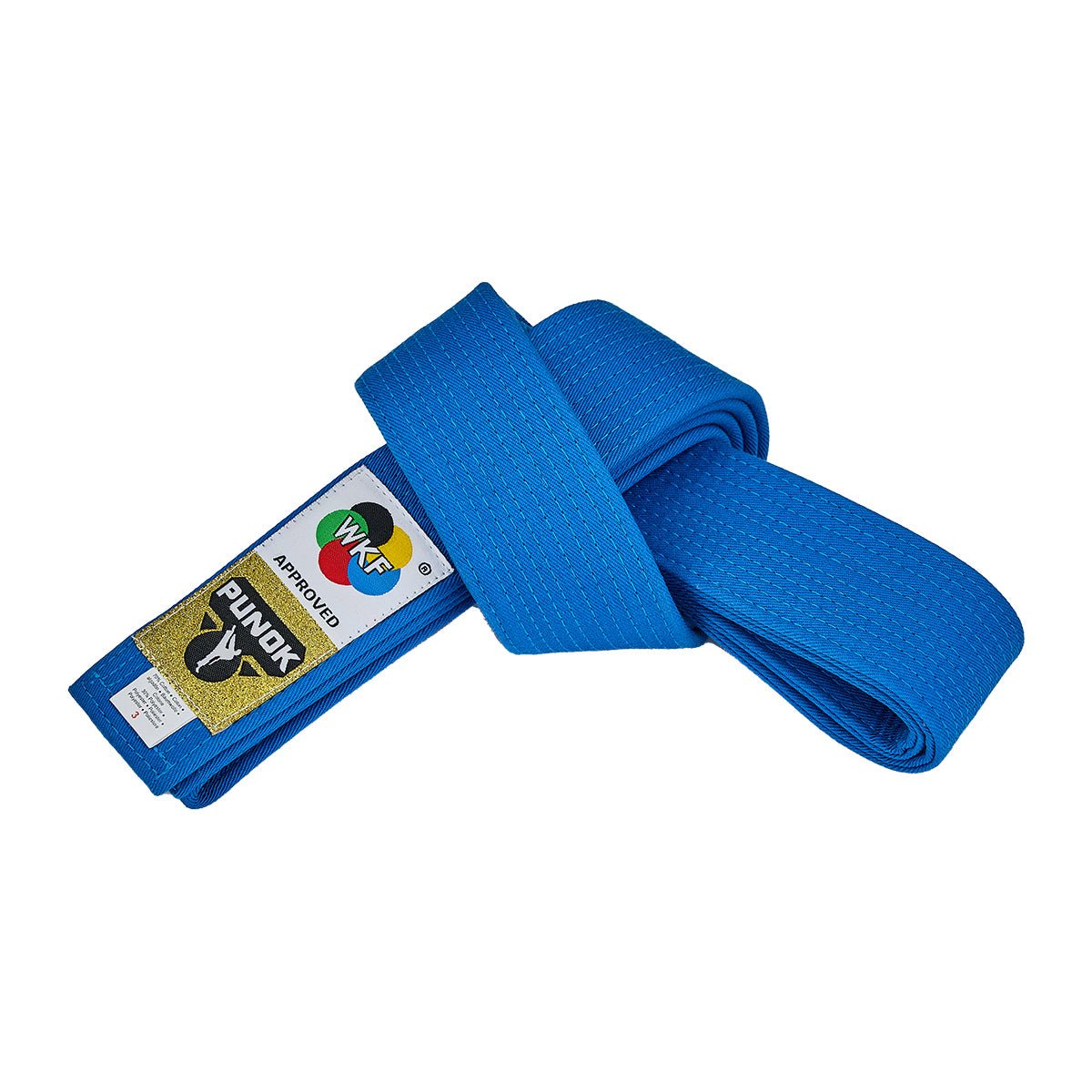 Blue kata belt, woven texture with folded loop and brand label