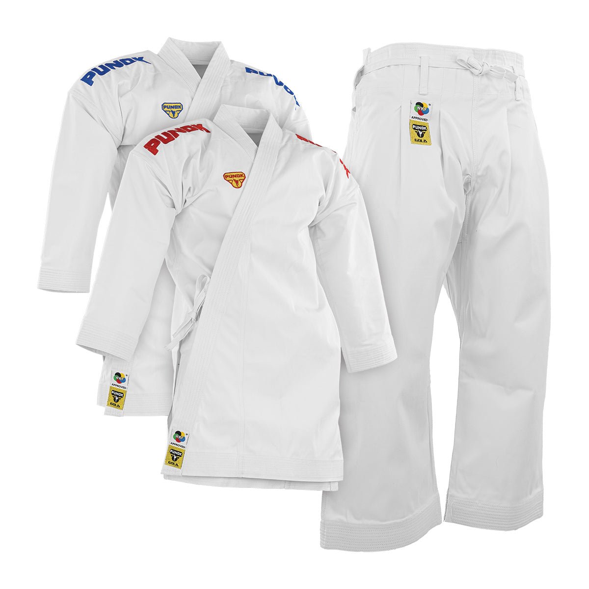 White karate gi set with jacket and pants, embroidered patches on sleeves