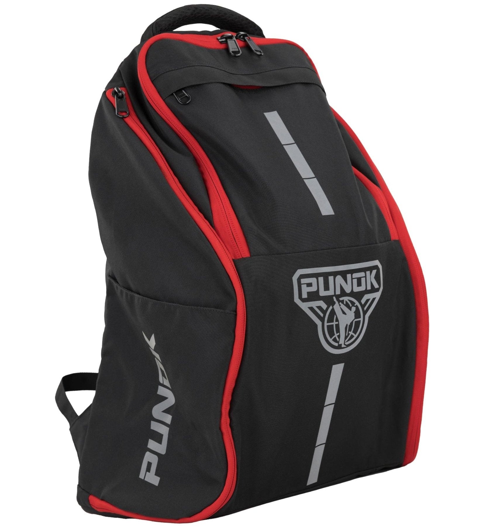 Black and red Punok backpack with front logo, straps, and zipper