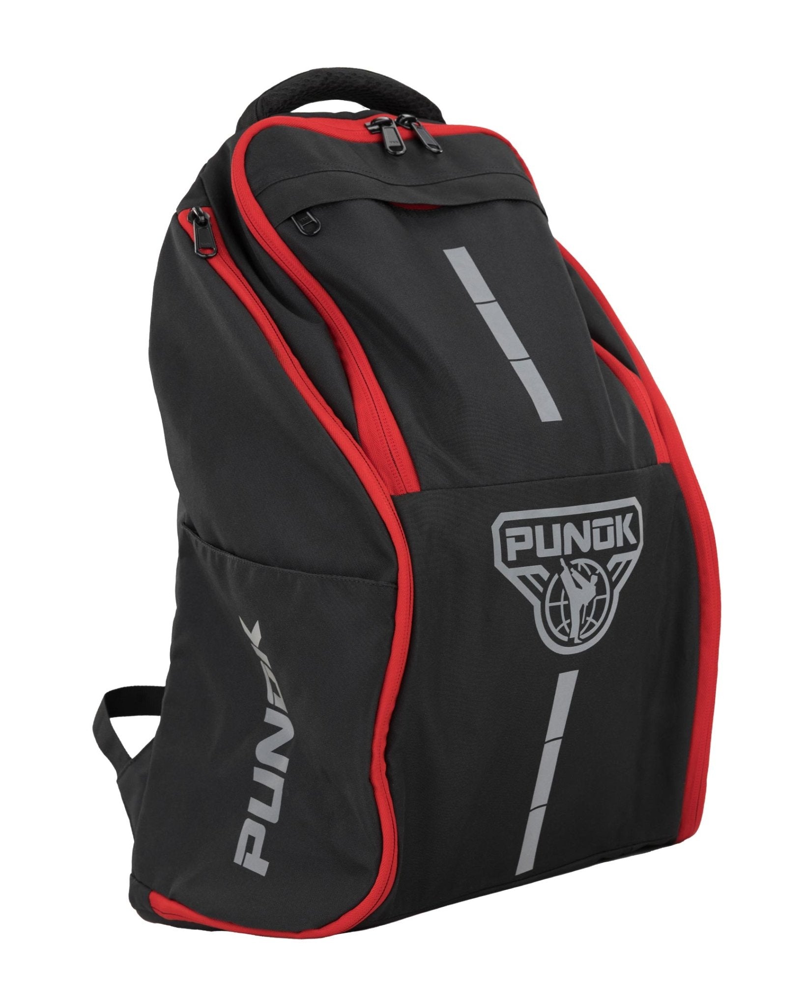 Black and red Punok backpack with front logo, straps, and zipper