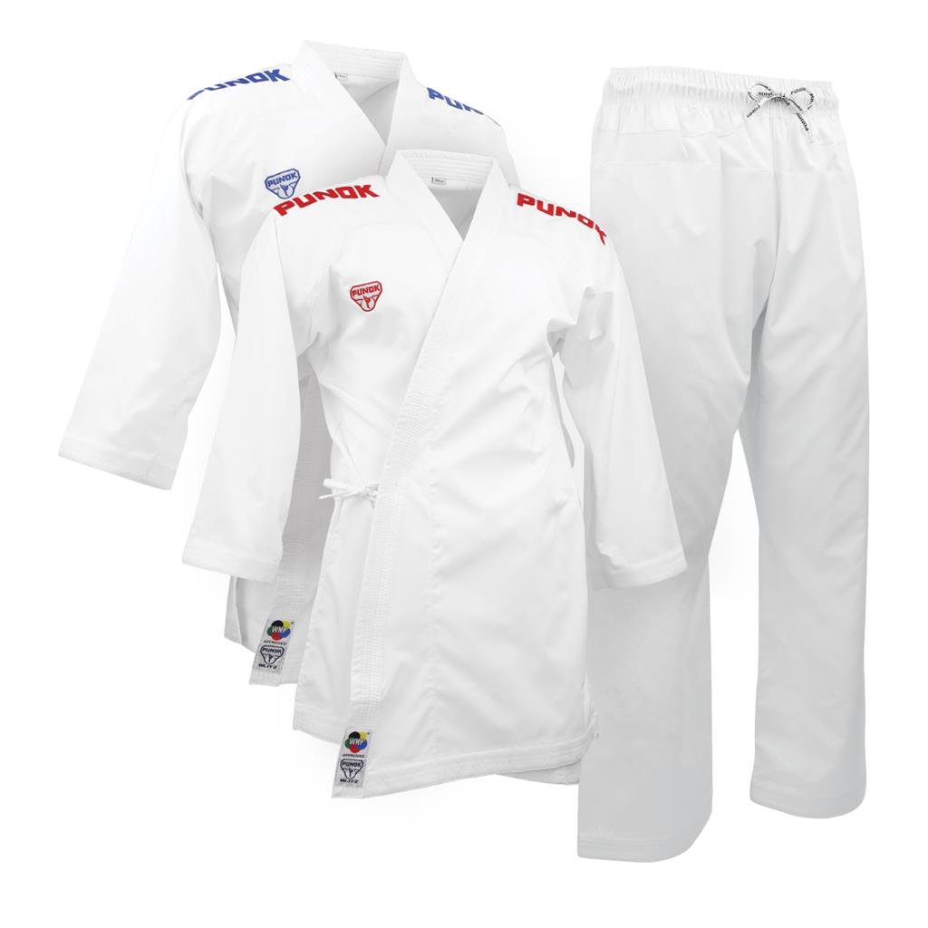 White Punok kumite gi set with jacket and pants, red and blue logo details