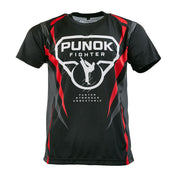 Black training T-shirt with Punok Fighter chest logo and red angular side panels