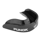 Black Punok mouthguard with logo, angled front view