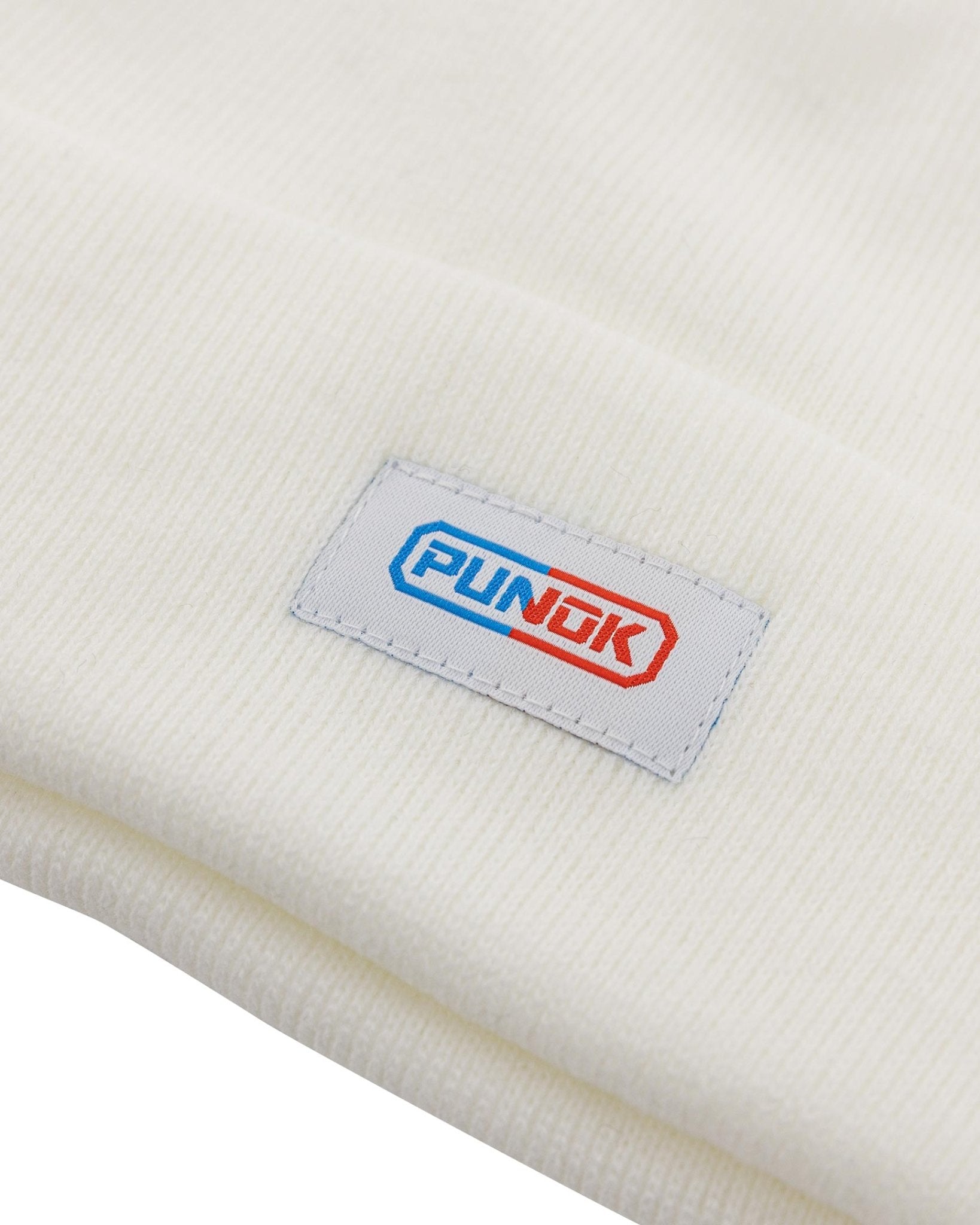 White rib-knit Punok beanie with front logo label