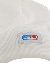 White Punok beanie cuff with stitched front logo patch