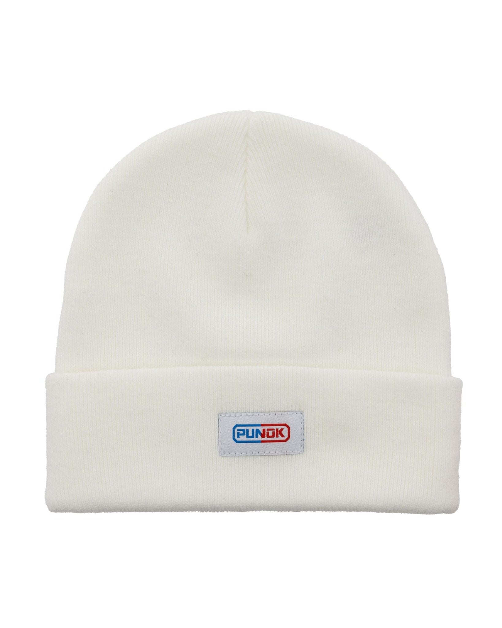 White Punok ring beanie with folded cuff and small front logo patch