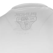 White back-of-neck logo print on short-sleeve compression top.