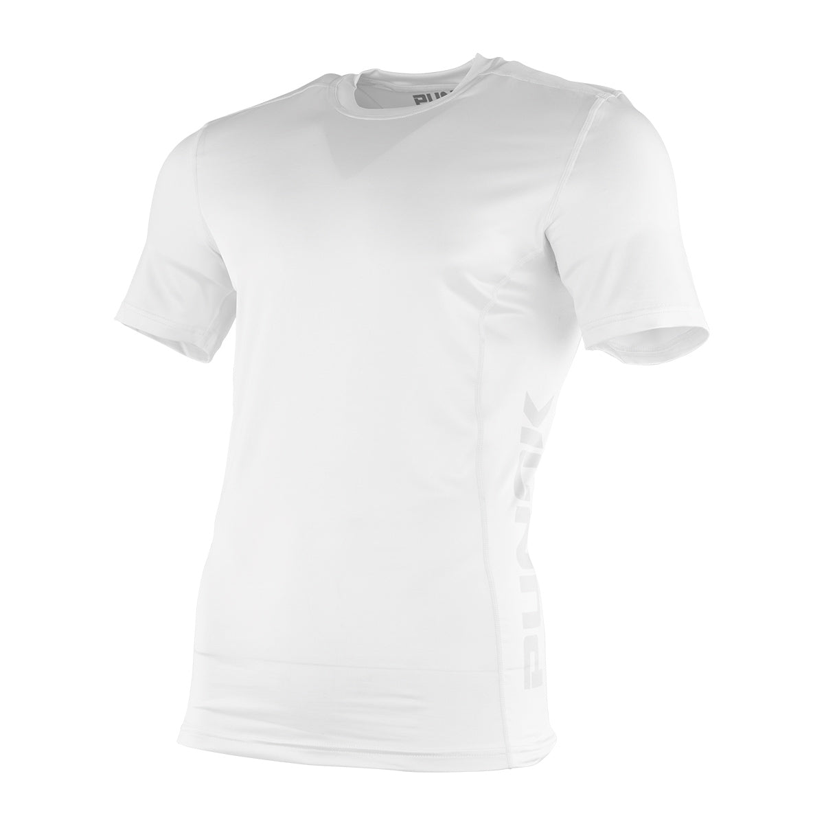 White short-sleeve compression shirt with crew neck and small chest graphic.