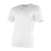 White short-sleeve compression shirt with crew neck and small chest graphic.