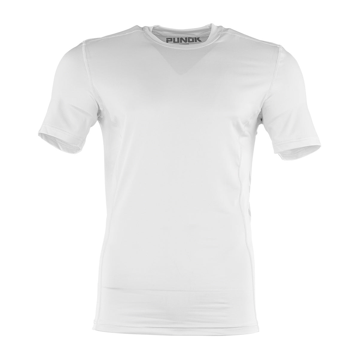 White short-sleeve compression top with crew neck and centered front panel.