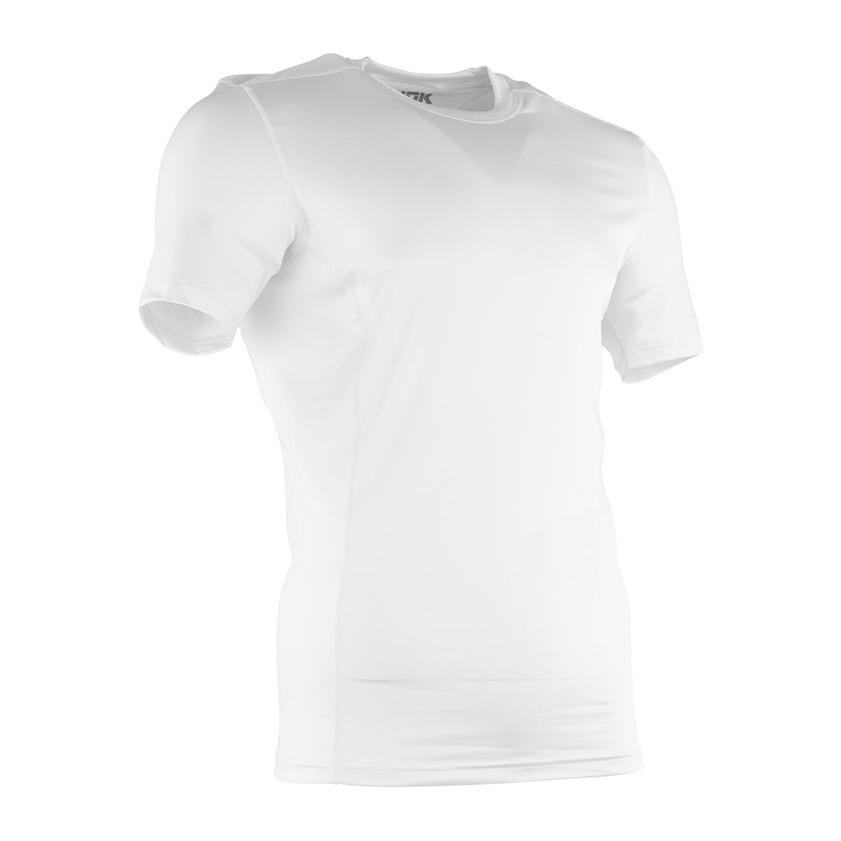White short-sleeve compression top with crew neck and subtle chest logo.