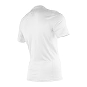 White short-sleeve compression top, curved back and small upper-back emblem.