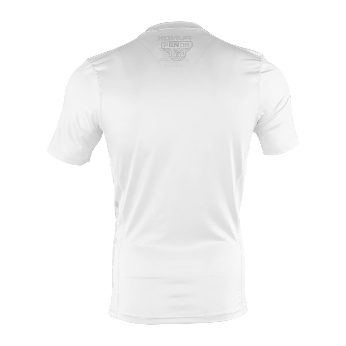 White short-sleeve compression top back view with small upper-back logo.
