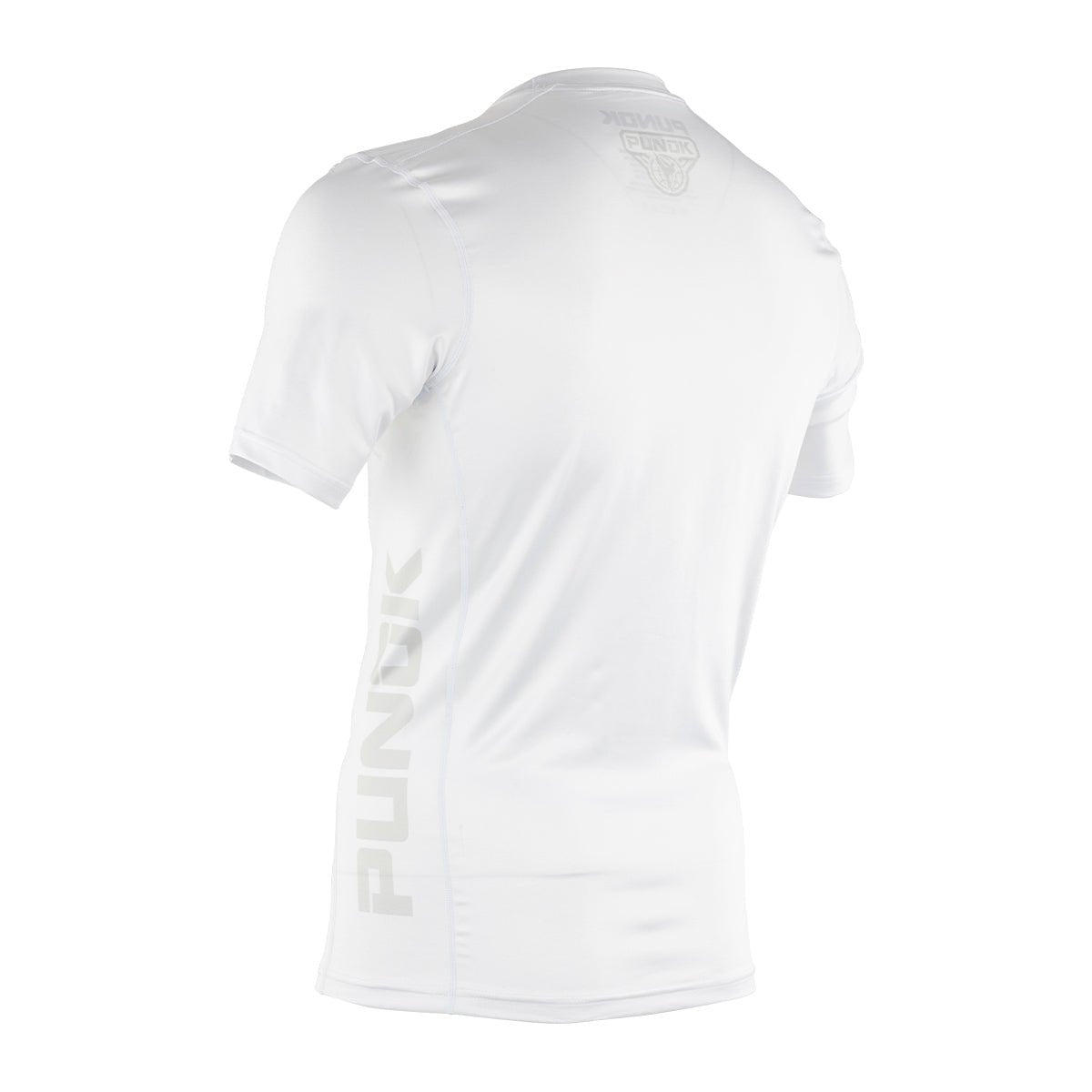 White short-sleeve compression top, back view with small shoulder logo.
