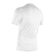 White short-sleeve compression top, back view with small shoulder logo.
