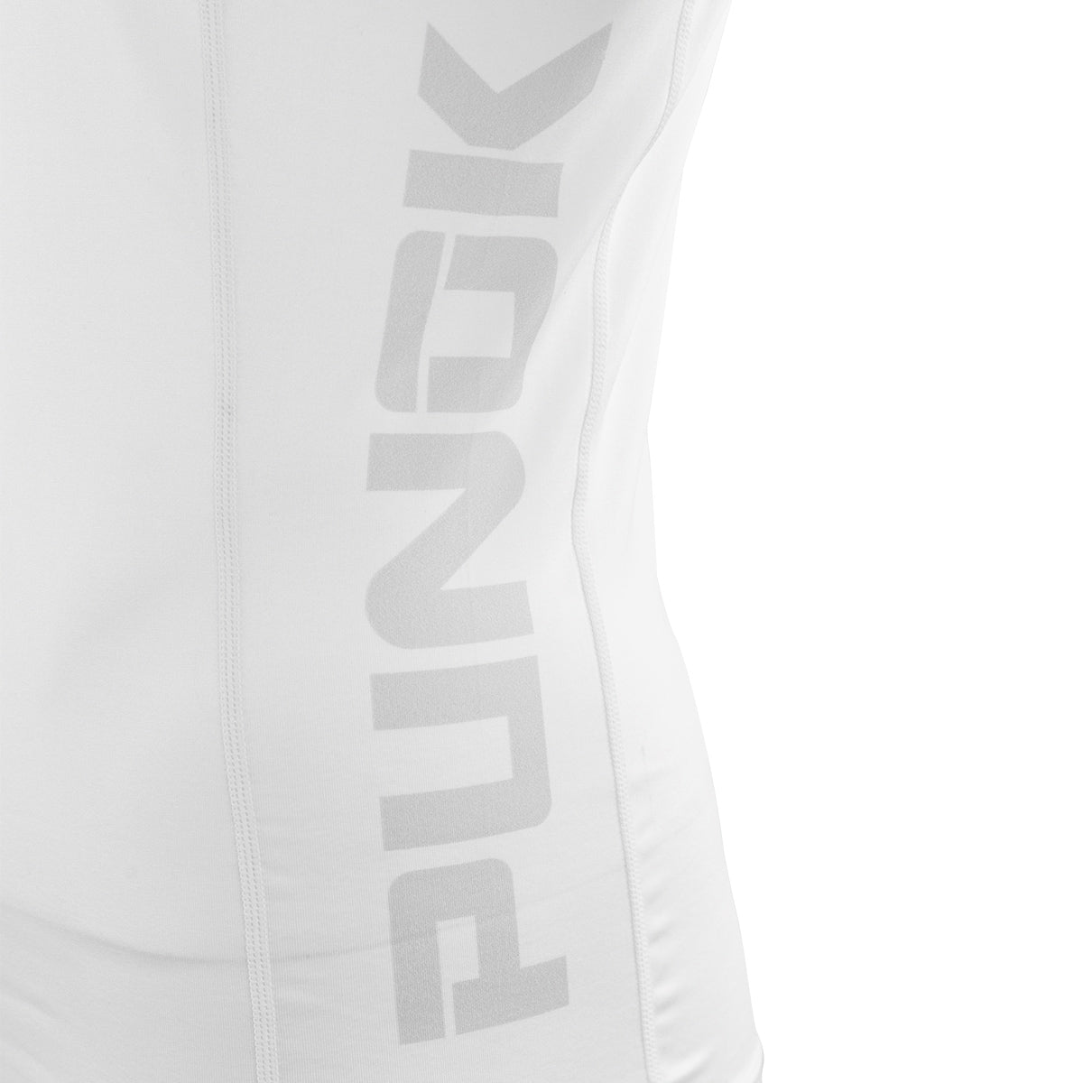 White compression fabric with vertical 'PUNDK' print detail.
