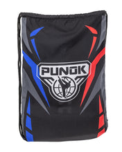 Drawstring sling bag with centered PUNOK shield and football graphic, black red/blue