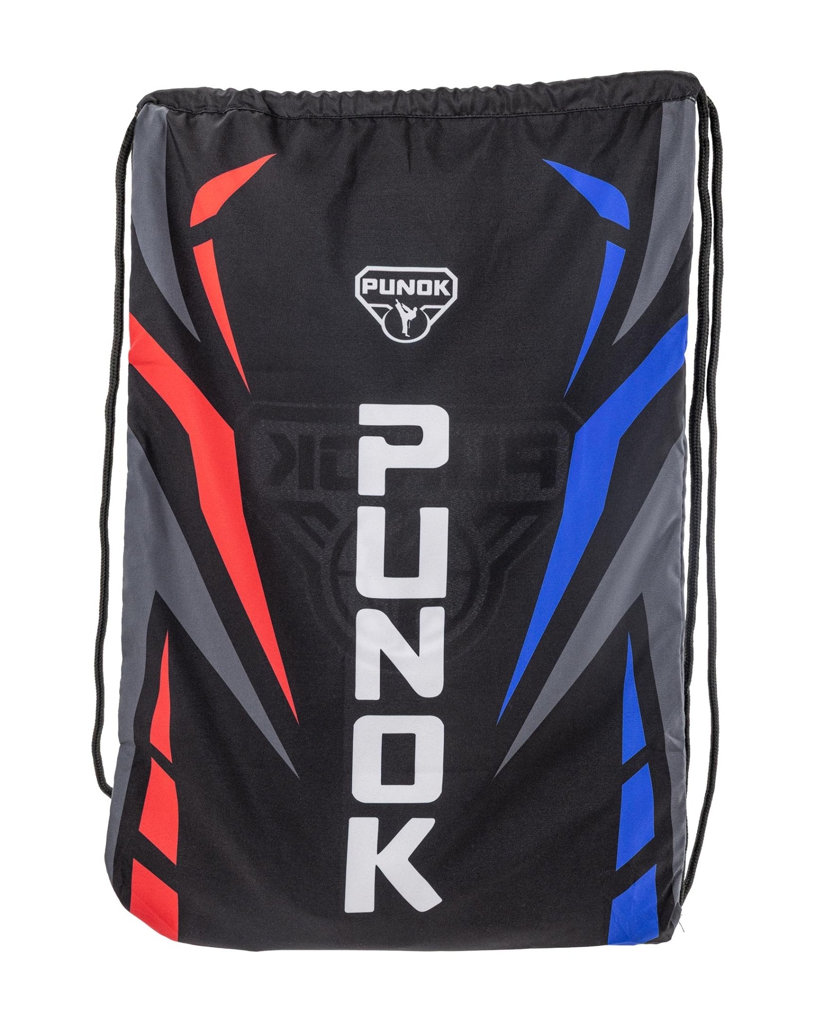 Drawstring sling bag back view with vertical PUNOK lettering, black with red/blue accents