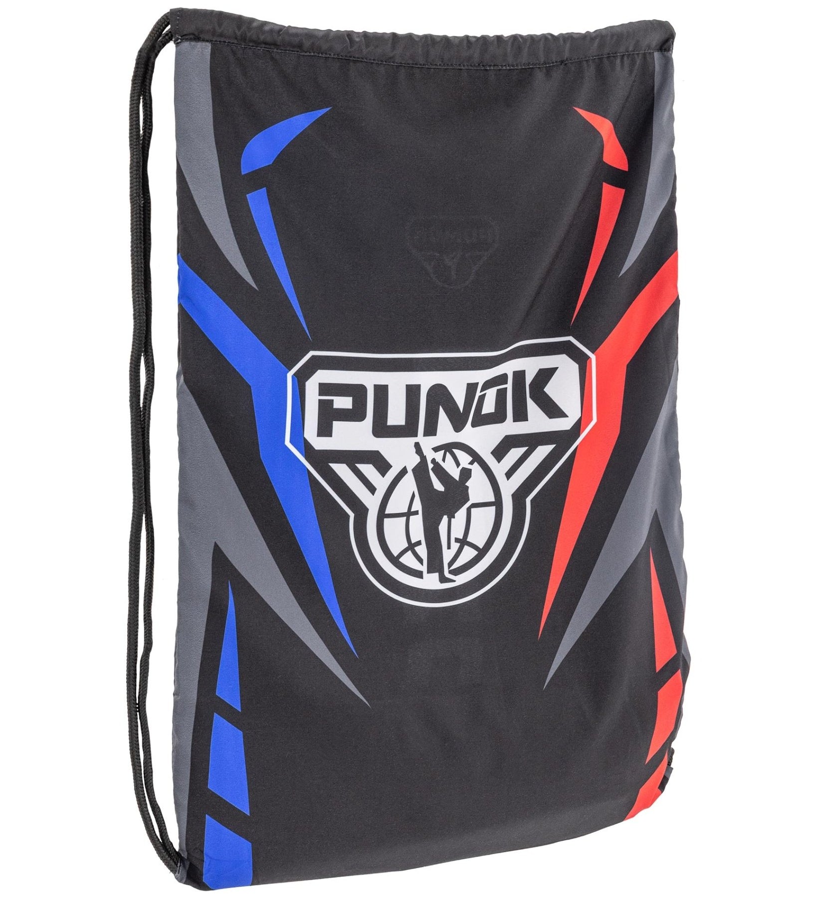 Drawstring sling bag with black, red and blue PUNOK graphic front