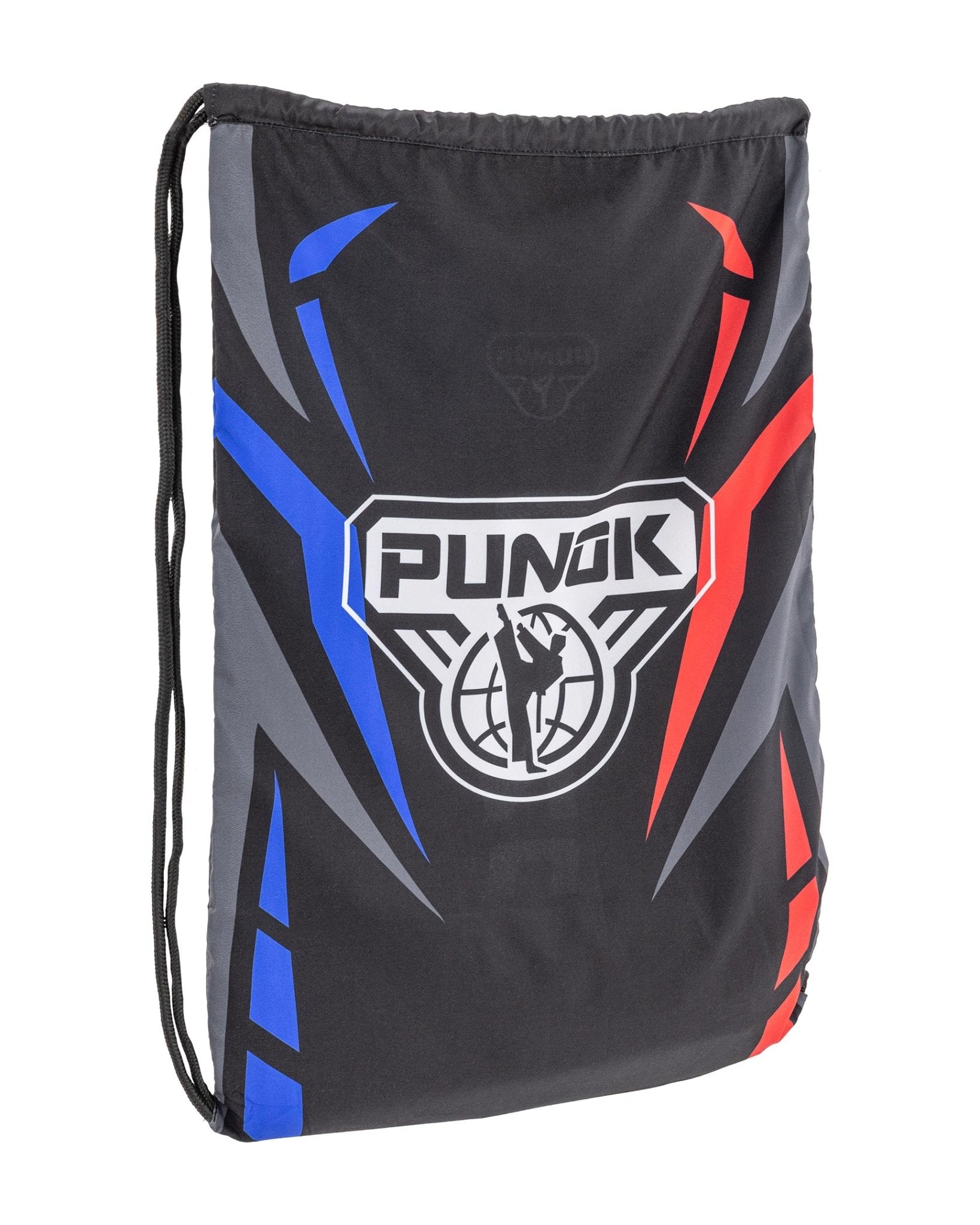 Drawstring sling bag with black, red and blue PUNOK graphic front
