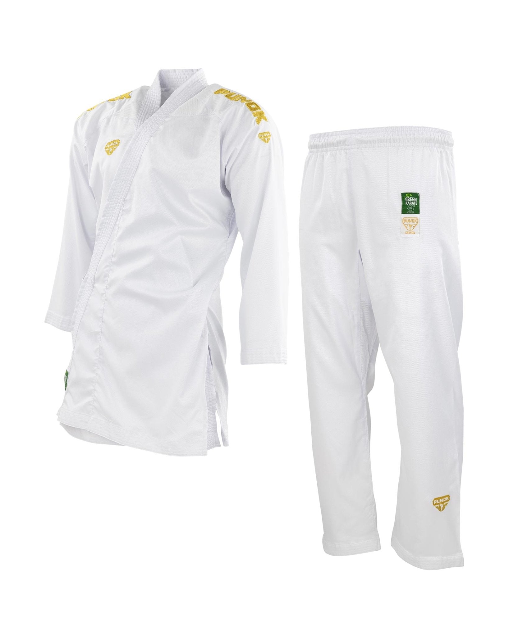 White kumite gi jacket and pants set, side view with gold trim
