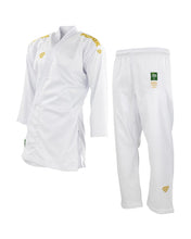 White kumite gi jacket and pants set, side view with gold trim