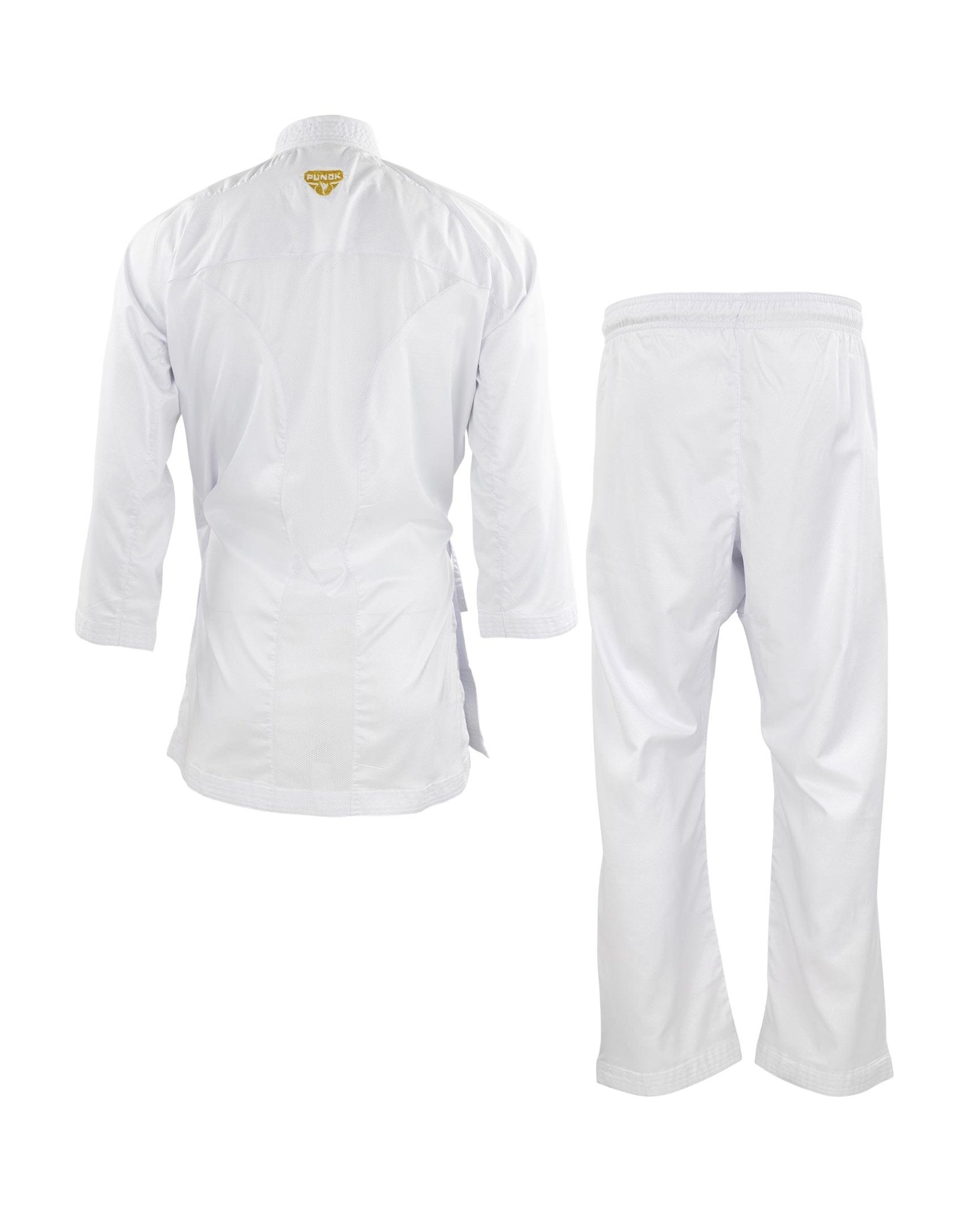 White karate gi set with wrap jacket and straight-leg pants, back view