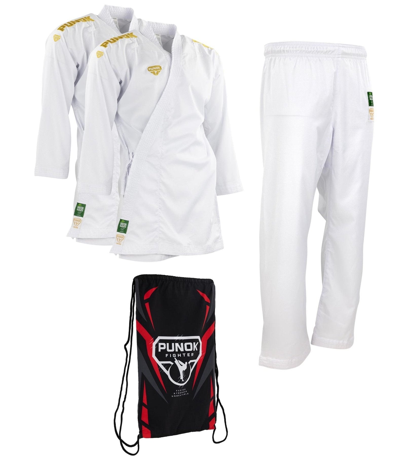 White kumite gi set with jacket and pants, plus black drawstring gear bag