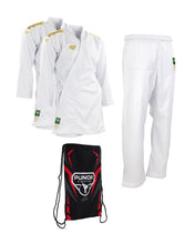 White kumite gi set with jacket and pants, plus black drawstring gear bag