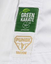 White karate gi collar with Green Karate approved label and gold Punok Takyon patch
