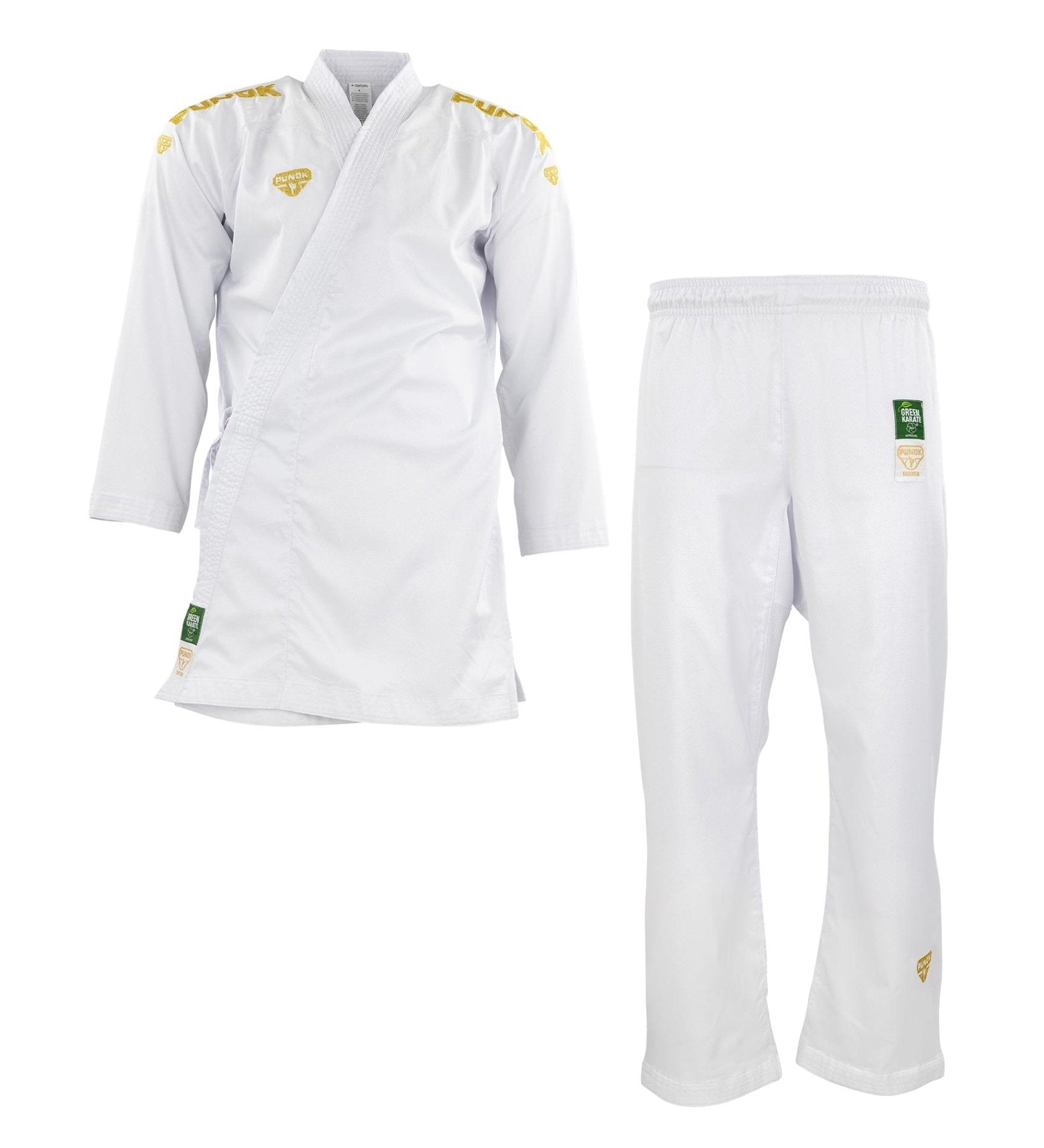 White kumite gi set with wrap-style jacket and matching pants