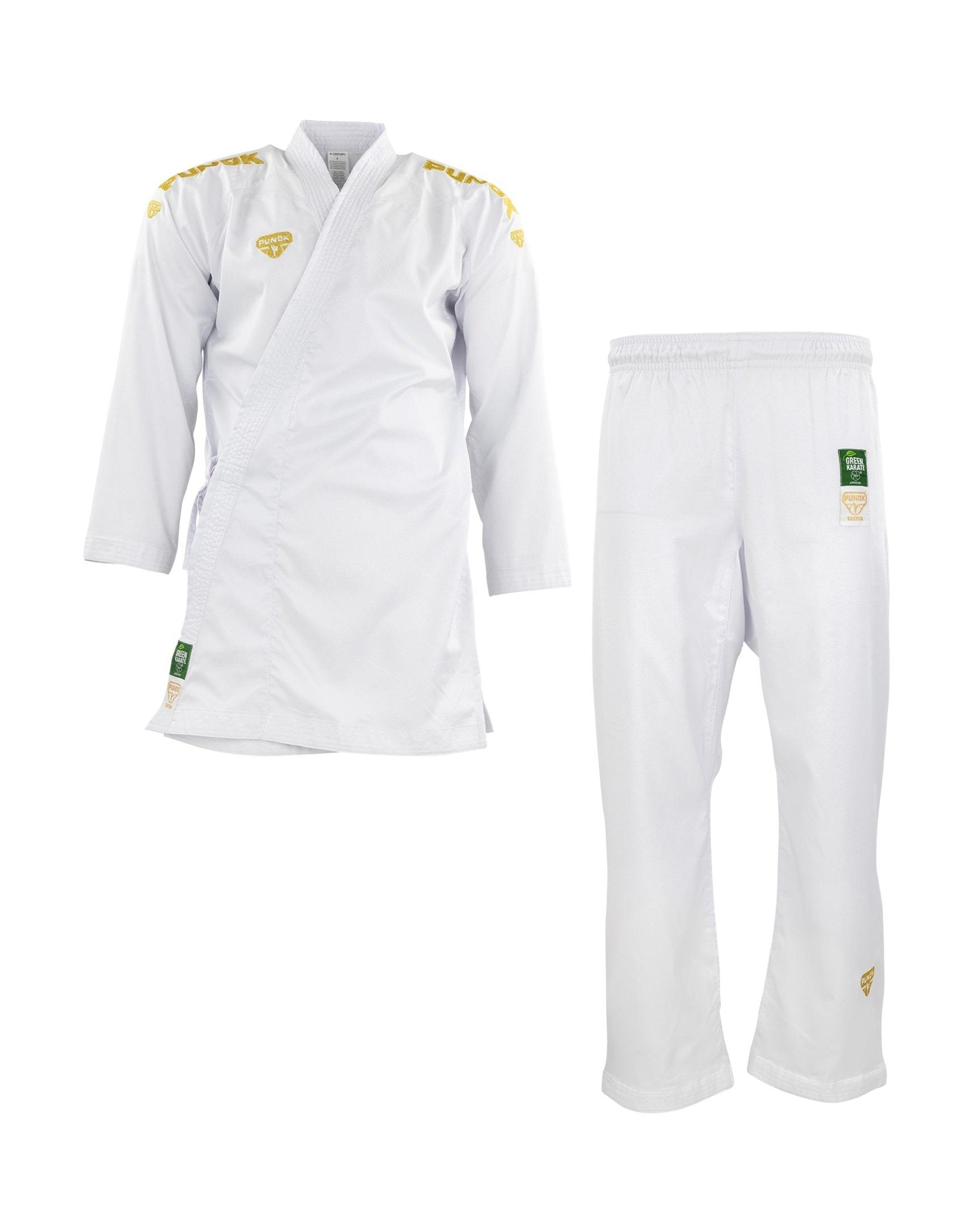 White kumite gi set with wrap-style jacket and matching pants