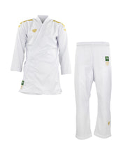 White kumite gi set with wrap-style jacket and matching pants