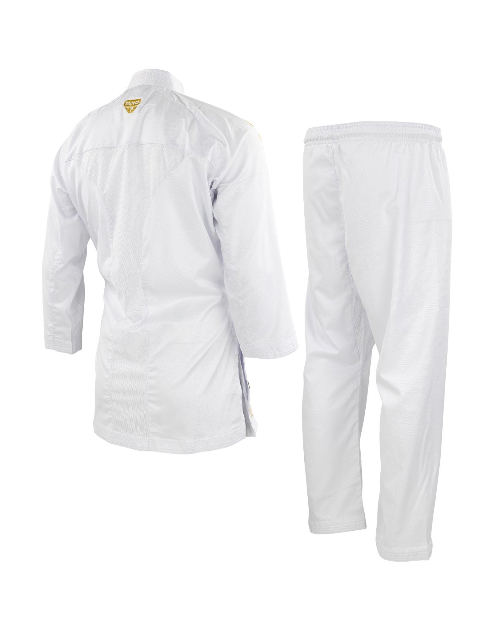 White kumite gi jacket and pants set, back and side view