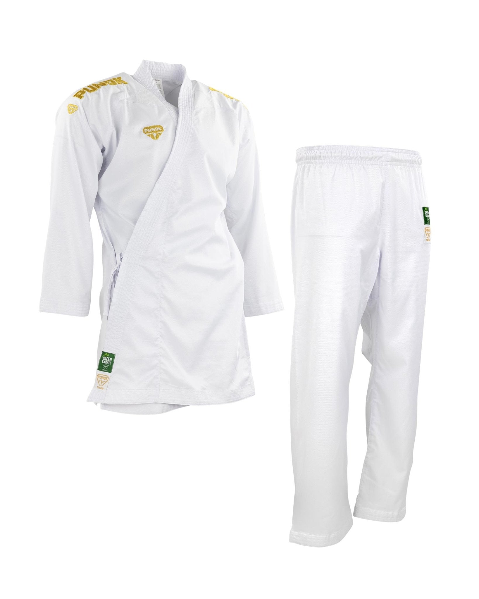 White karate gi set with textured jacket and matching pants, angled view