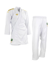 White karate gi set with textured jacket and matching pants, angled view