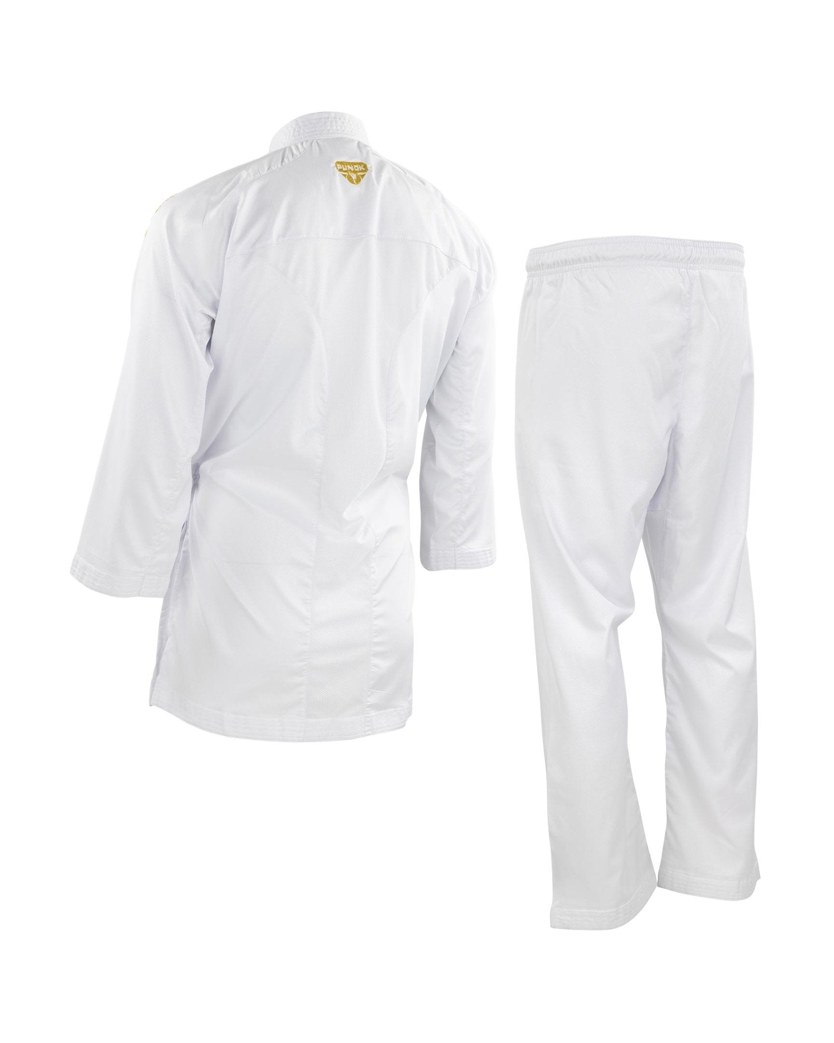 White karate gi set with jacket and pants, back view