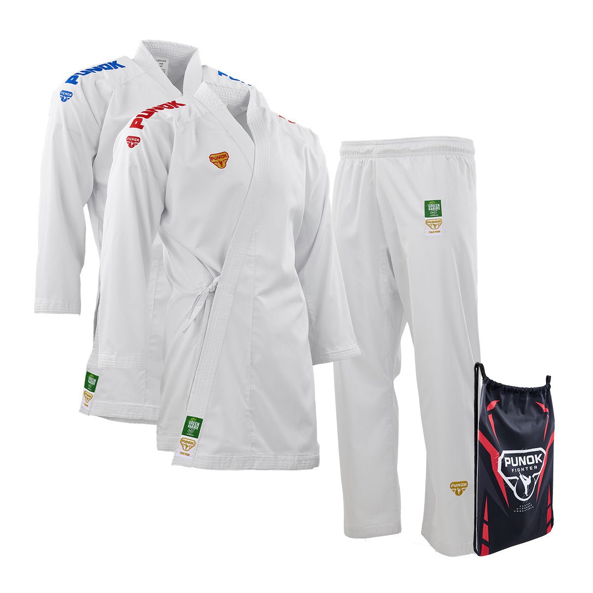 Three-piece Punok Takyon karate gi set: jacket, pants, and black drawstring bag