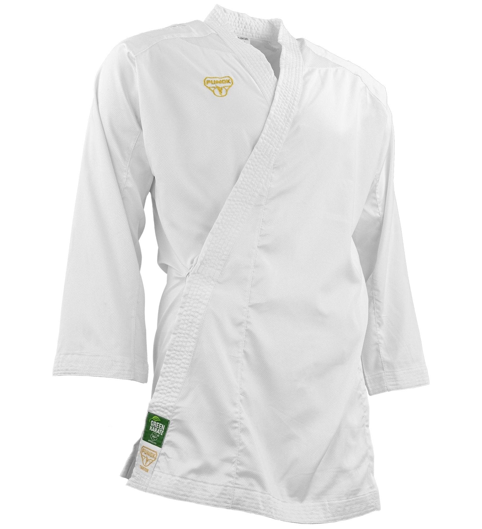 White karate uniform jacket with gold logo patch at chest and matching pants