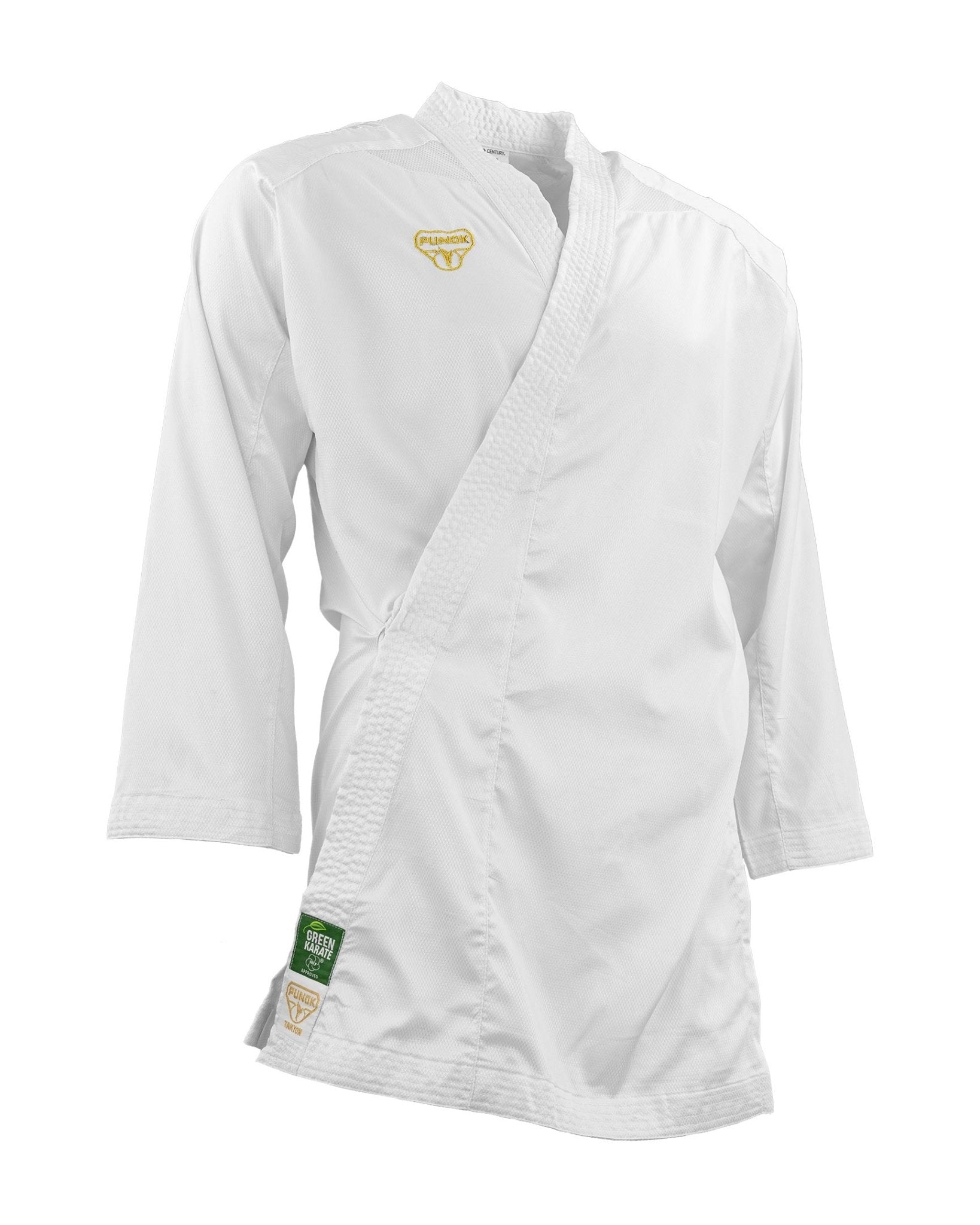White karate uniform jacket with gold logo patch at chest and matching pants