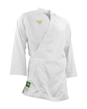 White karate uniform jacket with gold logo patch at chest and matching pants