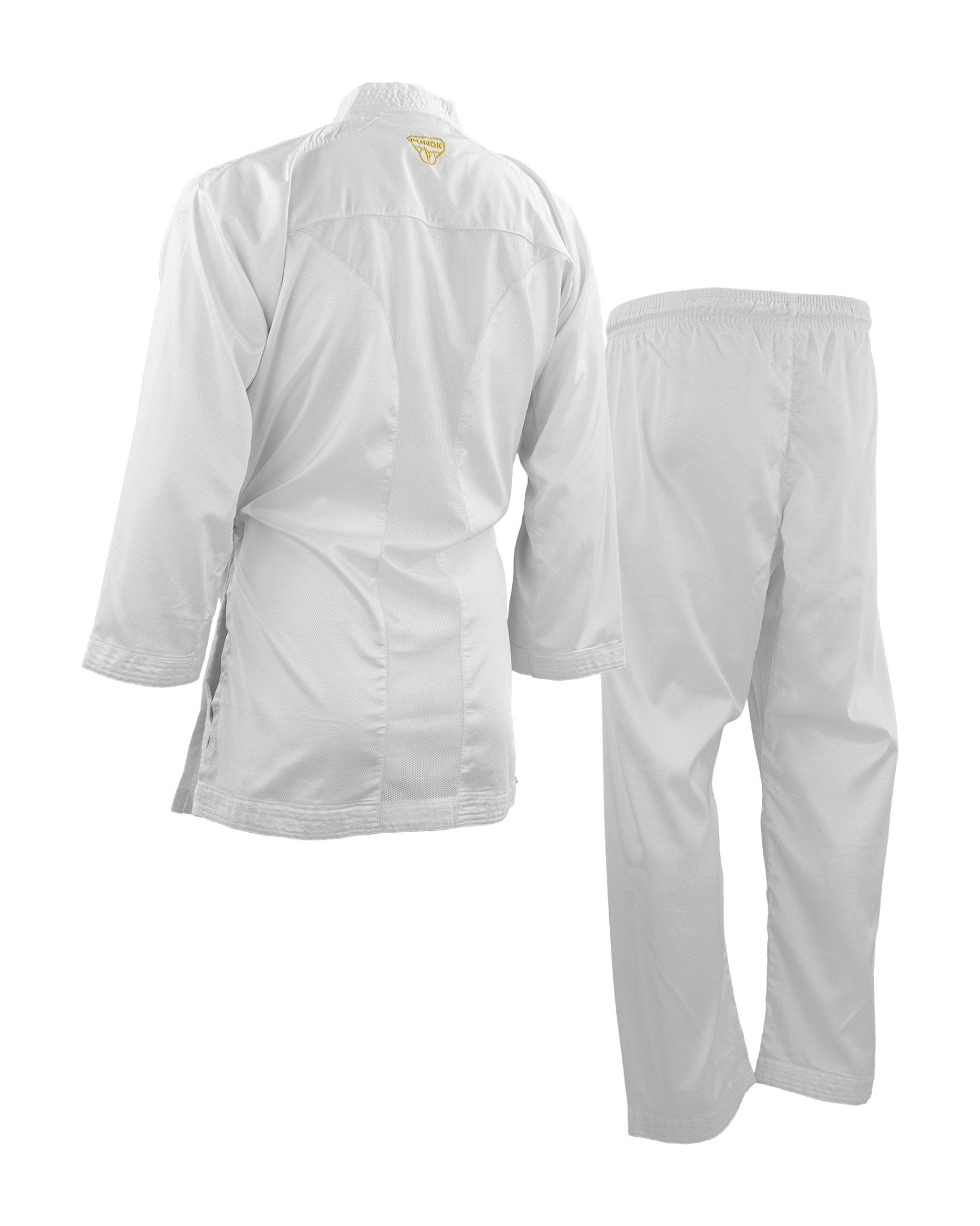 White karate uniform jacket and pants set, back view with small chest logo