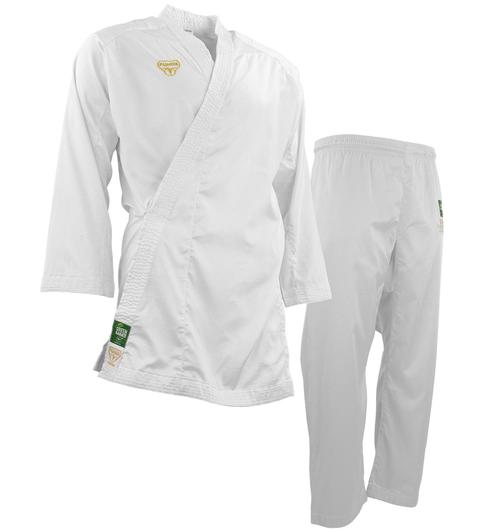 White karate uniform jacket with wrap style and matching pant with elastic waist