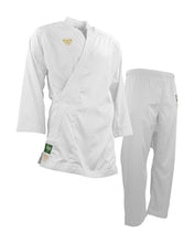 White karate uniform jacket with wrap style and matching pant with elastic waist