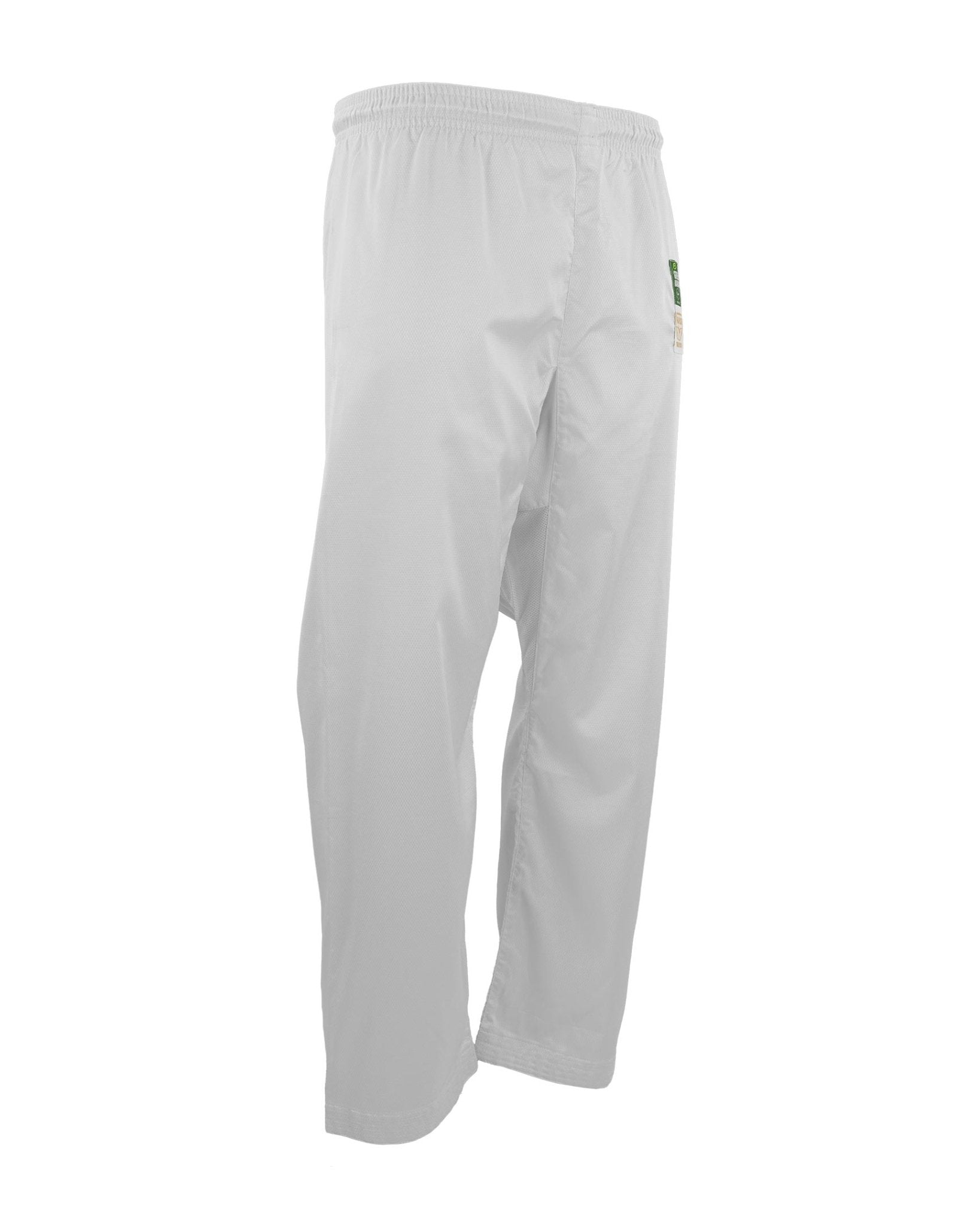 White karate pants with elastic waistband and stitched leg seams