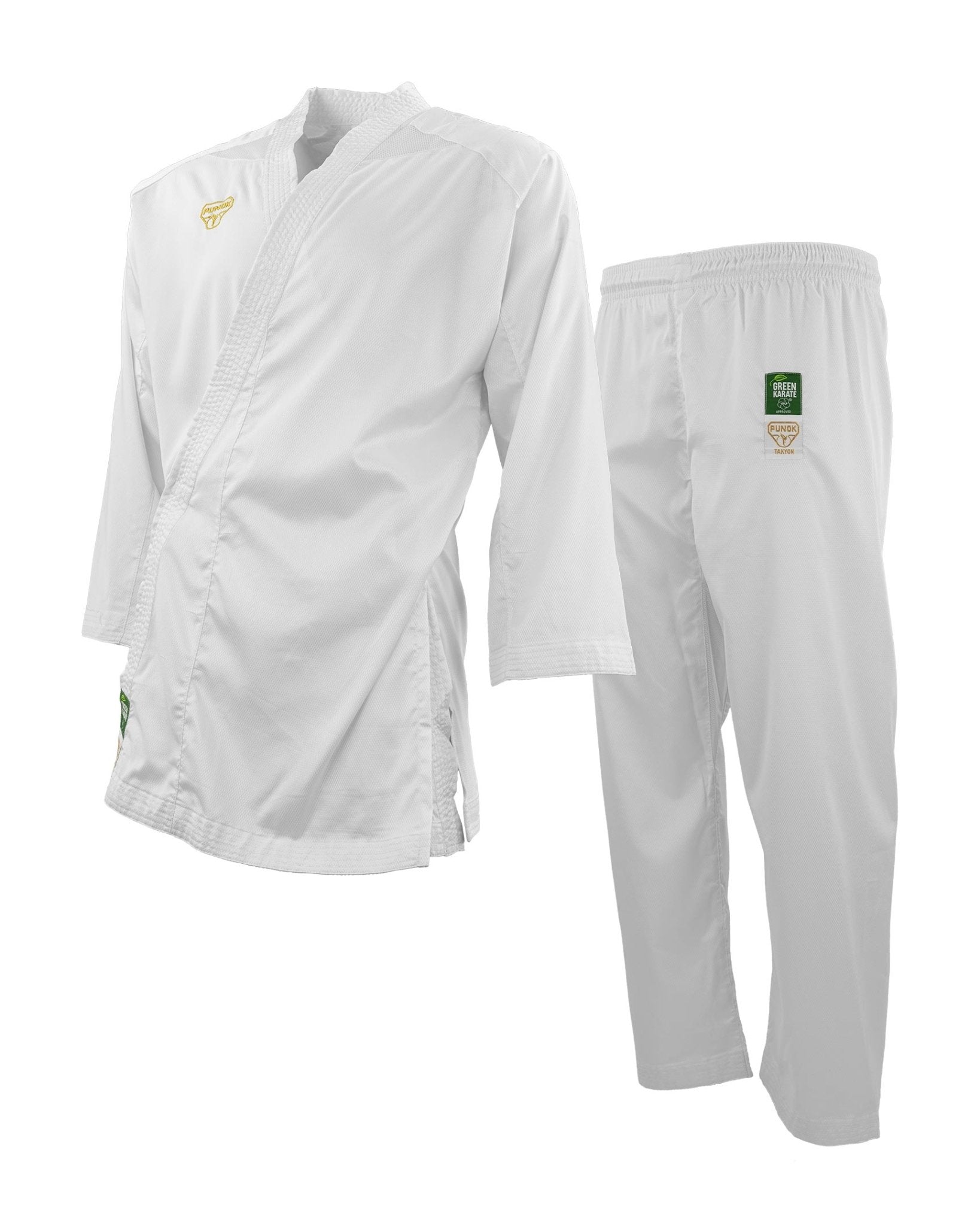 White karate uniform jacket and pants set, side view with logo patches