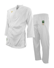 White karate uniform jacket and pants set, side view with logo patches