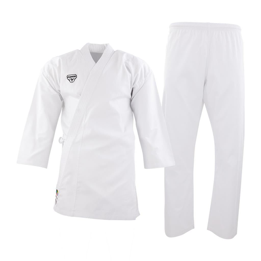 White gi top with V-neck wrap and matching loose pants, embroidered chest logo