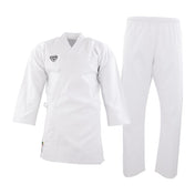 White gi top with V-neck wrap and matching loose pants, embroidered chest logo