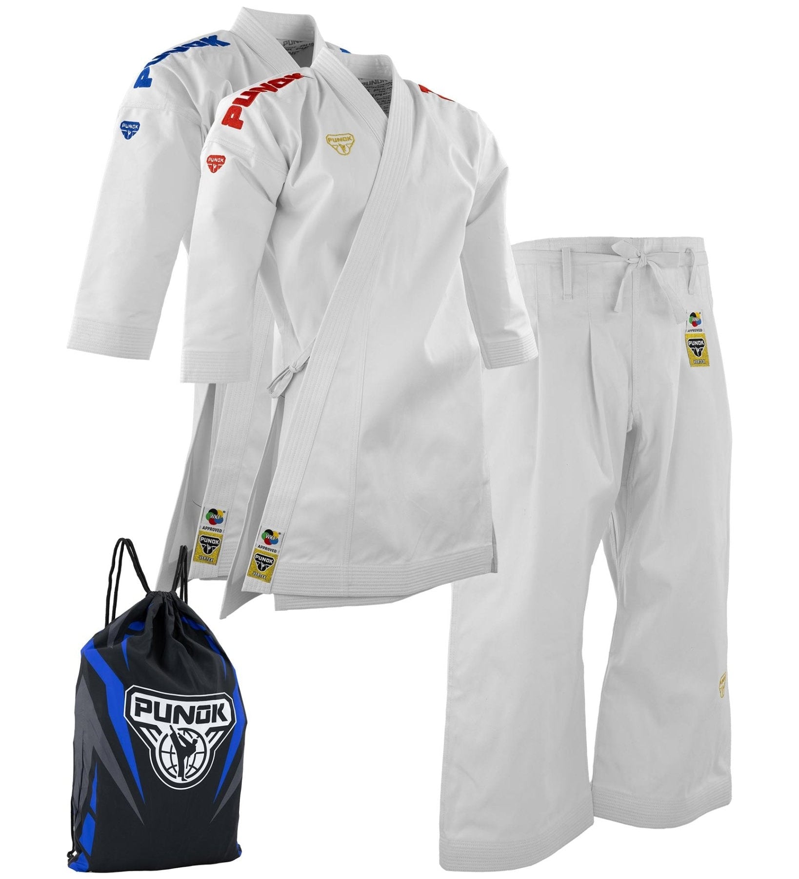 Tighter view: white gi jacket, pants, and blue drawstring bag